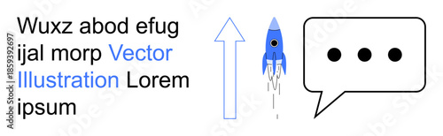 Innovation, new ideas, communication, conversation, progress, growth. A rocket launching upward beside an arrow and speech bubble with dots. Innovation and communication