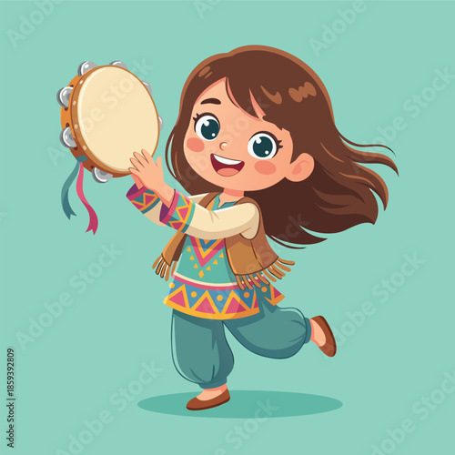 Cute cartoon girl playing tambourine with joy.