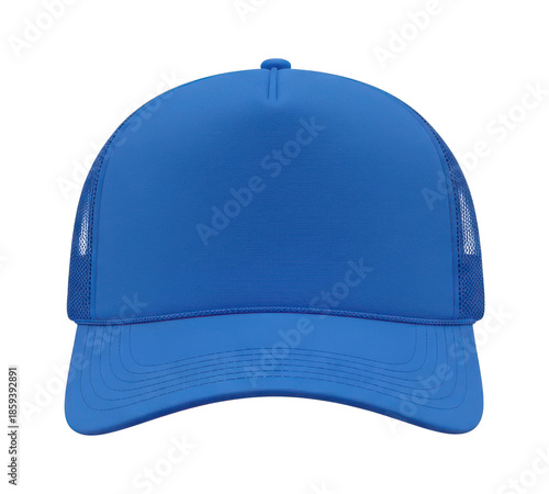Blank royal blue mesh trucker hat or baseball cap ready for customization mockup. isolated PNG with Transparent Background