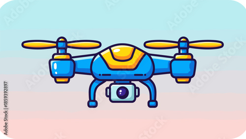 Cartoon Drone Illustration - Blue and Yellow Quadcopter with Camera.