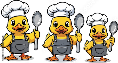Three cheerful cartoon ducklings dressed as chefs holding spoons
