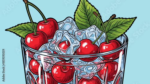 Fresh cherries with ice cubes floating in a cold glass beverage