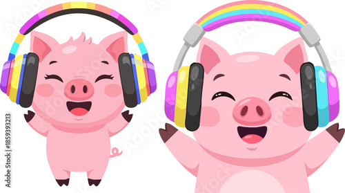 Two happy cartoon piglets enjoying music wearing colorful rainbow headphones