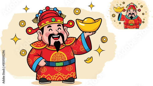 Cheerful god of wealth holding large gold ingot celebrating prosperity and luck