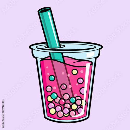 Colorful Boba Tea Illustration with Straw and Tapioca Pearls.