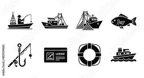 Collection of fishing related icons boats fish equipment and maritime symbols