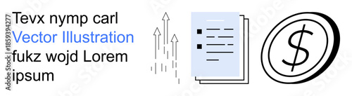 Financial planning, economic growth, business strategy, data analysis, investment management, wealth tracking. Graphic of arrows, documents and a dollar sign. Financial planning and economic growth