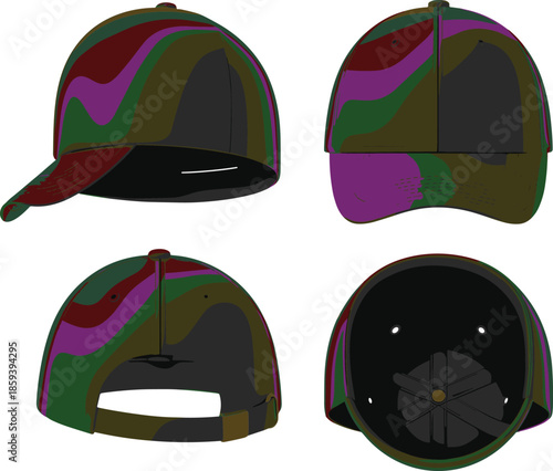 Black baseball cap mockup set, front back side views, realistic 3D headwear template for branding, fashion, apparel design