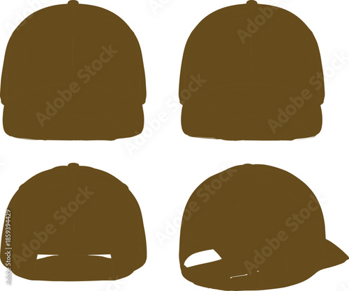 Black baseball cap mockup set, front back side views, realistic 3D headwear template for branding, fashion, apparel design
