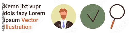 Identity proof, verification steps, authenticity checks, employee profiles, hiring processes, search tools. Avatar of a businessman, large checkmark magnifying glass icon. Identity proof