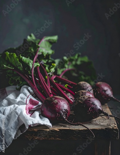 Frische Rote Beete mit passendem Geschirrtuch , fotografiert als rustikales Stillleben auf dunklem Holz.