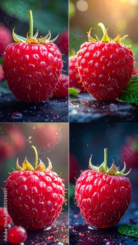 Collage of ripe raspberries with water droplets glistening on their surfaces in slightly varied close-up views