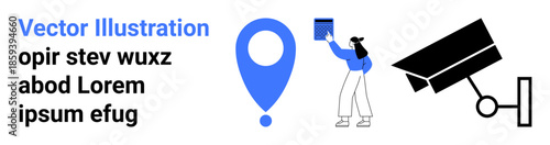Data security, geolocation, surveillance, privacy management, modern technology, urban monitoring. Blue map pin, person holding a document and surveillance camera icon. Geolocation and surveillance