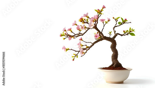 Pink Flowering Bonsai Tree in White Ceramic Pot: Japanese Miniature Plant with Blossoming Branches, Fresh Green Leaves, Curved Trunk, Subtle Petals and Minimalist White Background