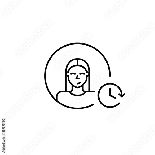 Female user and clock. Daily routine, timeless tracking and work schedules. Pixel perfect, editable stroke vector icon