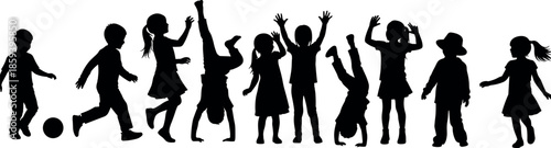 Black silhouettes of happy diverse children playing running jumping and doing handstands in a row isolated on a white background vector
