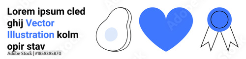 Education, loyalty, branding, health, design, achievement. A blue heart, ribbon abstract shape and placeholder text visually displayed. Branding and loyalty concept