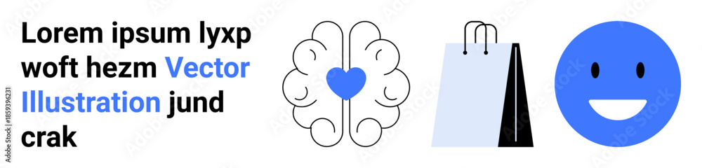 Fototapeta premium Mental health, consumer behavior, happiness, retail therapy, human emotions, shopping satisfaction. Brain with heart, shopping bags and a smiling face. Mental health and consumer behavior engagement