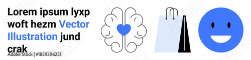 Mental health, consumer behavior, happiness, retail therapy, human emotions, shopping satisfaction. Brain with heart, shopping bags and a smiling face. Mental health and consumer behavior engagement