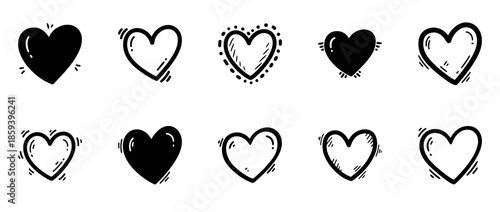Set of hand-drawn black and white heart icons with sketch doodle style for love, romance, and Valentine design elements