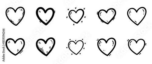Set of hand-drawn black and white heart icons with sketch doodle style for love, romance, and Valentine design elements