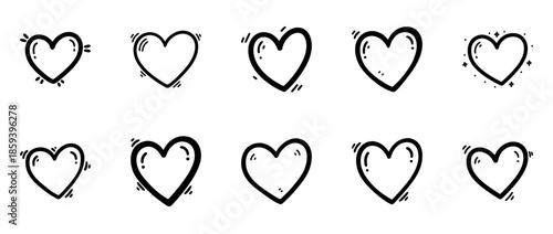 Set of hand-drawn black heart doodles with transparent background, sketchy love icons, romantic symbols, cartoon heart illustrations