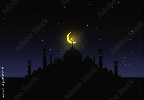 Vector flat design illustration of a serene night scene featuring the Taj Mahal silhouette under a crescent moon and starry sky with a dark blue gradient background.