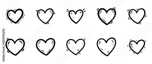 Set of hand-drawn black heart doodles with transparent background, sketchy love icons, romantic symbols, cartoon heart illustrations