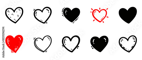 Set of hand-drawn black heart doodles with transparent background, sketchy love icons, romantic symbols, cartoon heart illustrations
