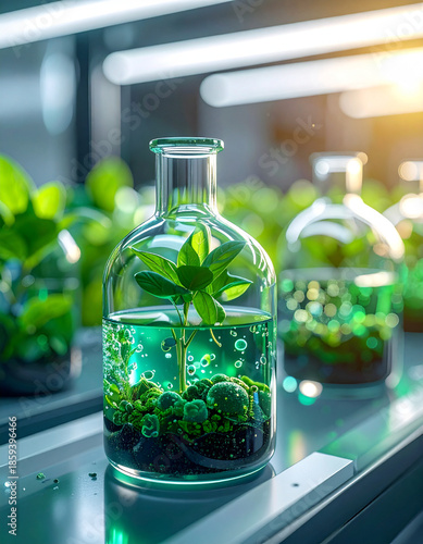 Small green plant growing in a glass flask with water and bubbles, laboratory setting