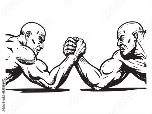 Two muscular men arm wrestling in black and white illustration