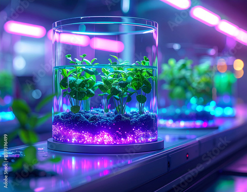 Microscopic organic technology with glowing purple and blue lights in a laboratory setting