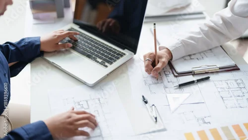 Fototapeta Architecture drawing on architectural project business architecture building construction Colleagues designer Planning Design on blueprint and compasses