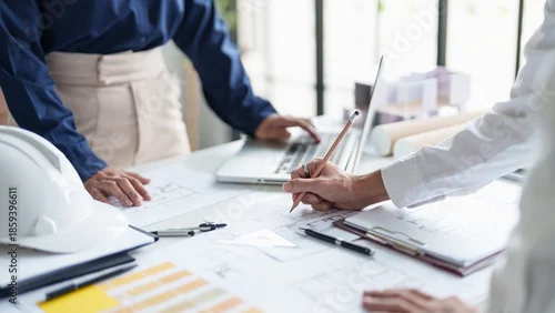 Obraz Architecture drawing on architectural project business architecture building construction Colleagues designer Planning Design on blueprint and compasses