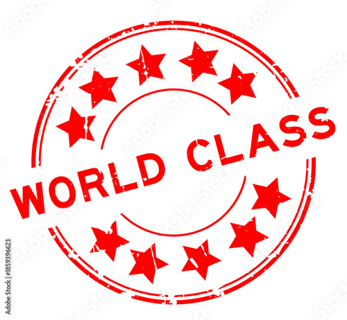 Grunge red world class word round rubber seal stamp on white background