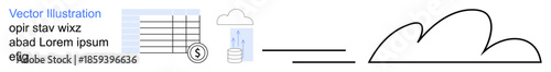 Cloud technology, financial data, digital economy, data storage, cloud computing, database solutions. Icons of cloud storage, financial chart and cloud networking. Computing and data storage