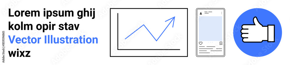 Obraz premium Business analytics, social interaction, social media UI, marketing trends, digital approval, professional tools. Graphical chart, app interface and thumbs-up icon. Business analytics and social