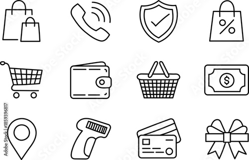 Hand Drawn E Commerce and Shopping Line Icons Set with Payment Security and Delivery Symbols