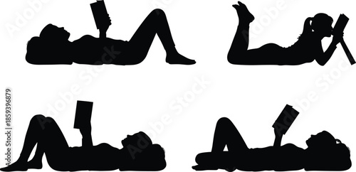 Silhouette set of a woman lying down reading a book in different relaxed positions isolated on white background for lifestyle designs