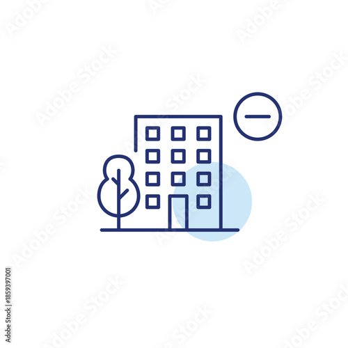 Apartment building and minus. Green tree in a city. Reduce urban load. Pixel perfect, editable stroke vector icon