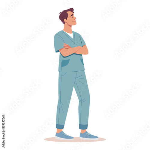 Confident Male Doctor or Nurse in Scrubs, Healthcare Professional Illustration