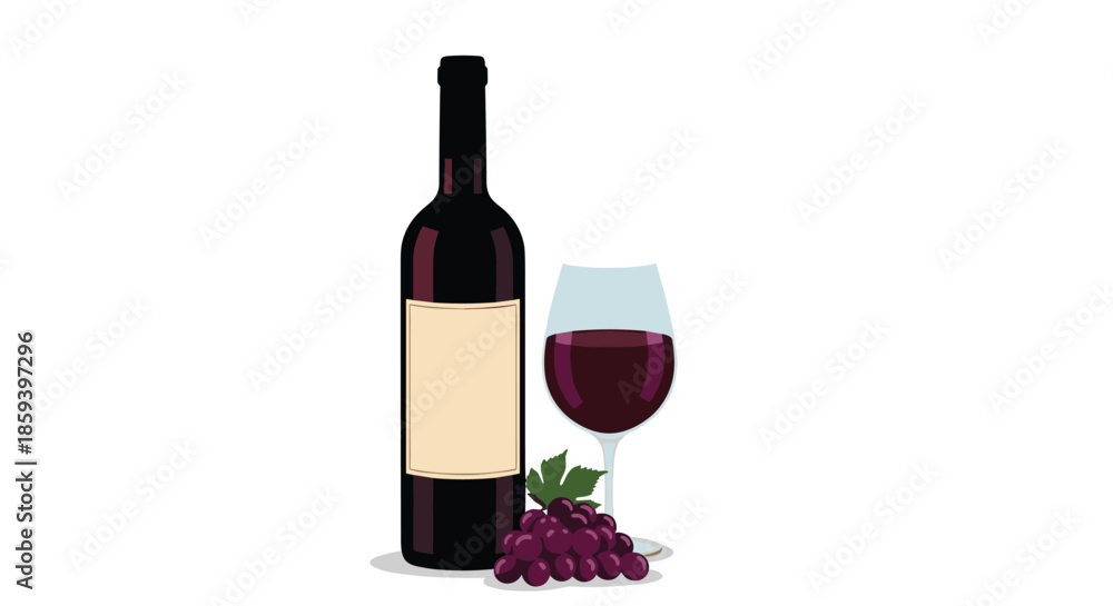 Obraz premium Classic vector illustration shows a dark bottle of red wine with a blank cream label, a half-full glass, and a bunch of grapes.