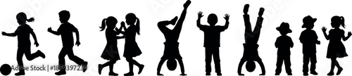 Diverse Silhouettes of Children Playing Soccer Running Dancing Doing Handstands and Standing Together for Childhood Activity and Youth Community Concept