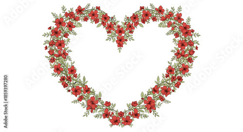 Heart-shaped floral wreath is carefully crafted from small red flowers and green leaves, symbolizing romantic love and passion.