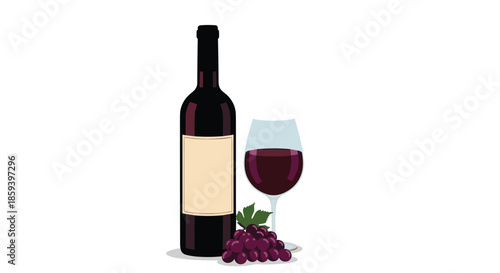 Classic vector illustration shows a dark bottle of red wine with a blank cream label, a half-full glass, and a bunch of grapes.