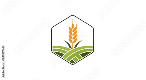 Minimalist agriculture logo design featuring a golden wheat stalk inside a black hexagonal frame over green field silhouettes.