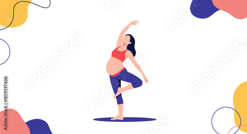 Active pregnant woman practicing a yoga tree pose with vibrant abstract shapes in the background for health and wellness.