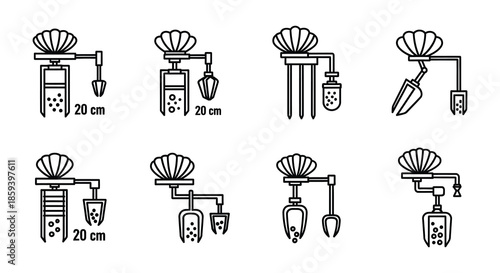 Illustrations of various mechanical arms and grippers with dimension markings
