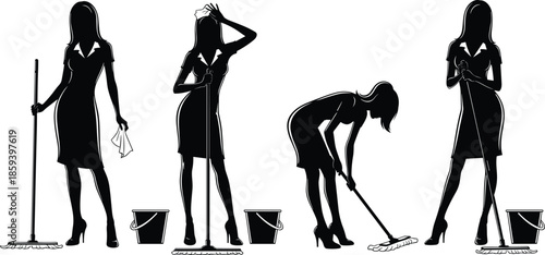 Silhouette set of a professional cleaning lady mopping floors and wiping surfaces with buckets isolated on white background for service,