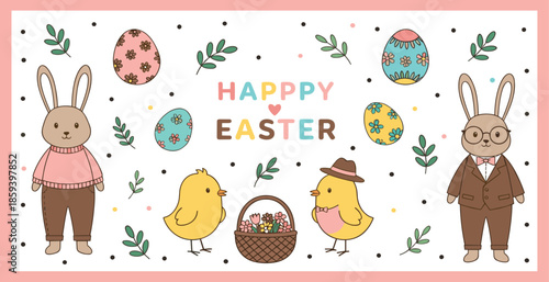 Happy Easter Greeting Illustration with Cute Bunny Chicks Eggs and Spring Floral Elements Festive Cartoon Vector Design